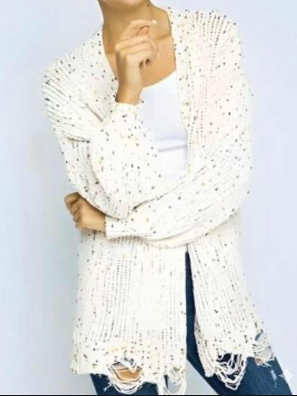 Ivory Speckled Open-Front Distressed Knit Cardigan